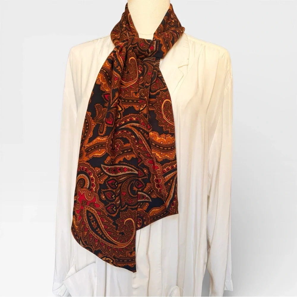 Vintage Paisley Narrow Scarf - Brown Navy Red Neckerchief Double Sided Rodeocore